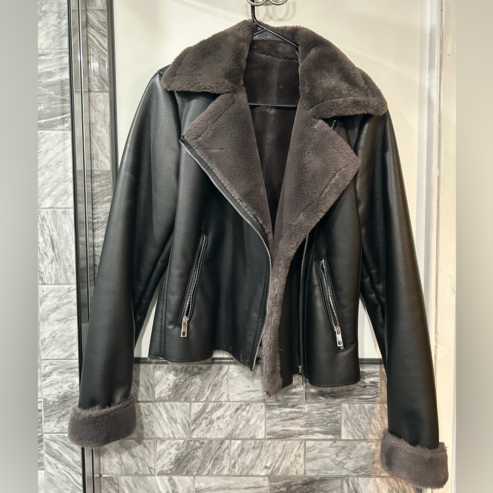 MANGO Leather faux fur jacket